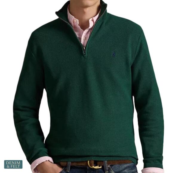 NEW Polo Ralph Lauren Green Cotton Quarter Zip Sweater Mock Neck Pony Logo MED
